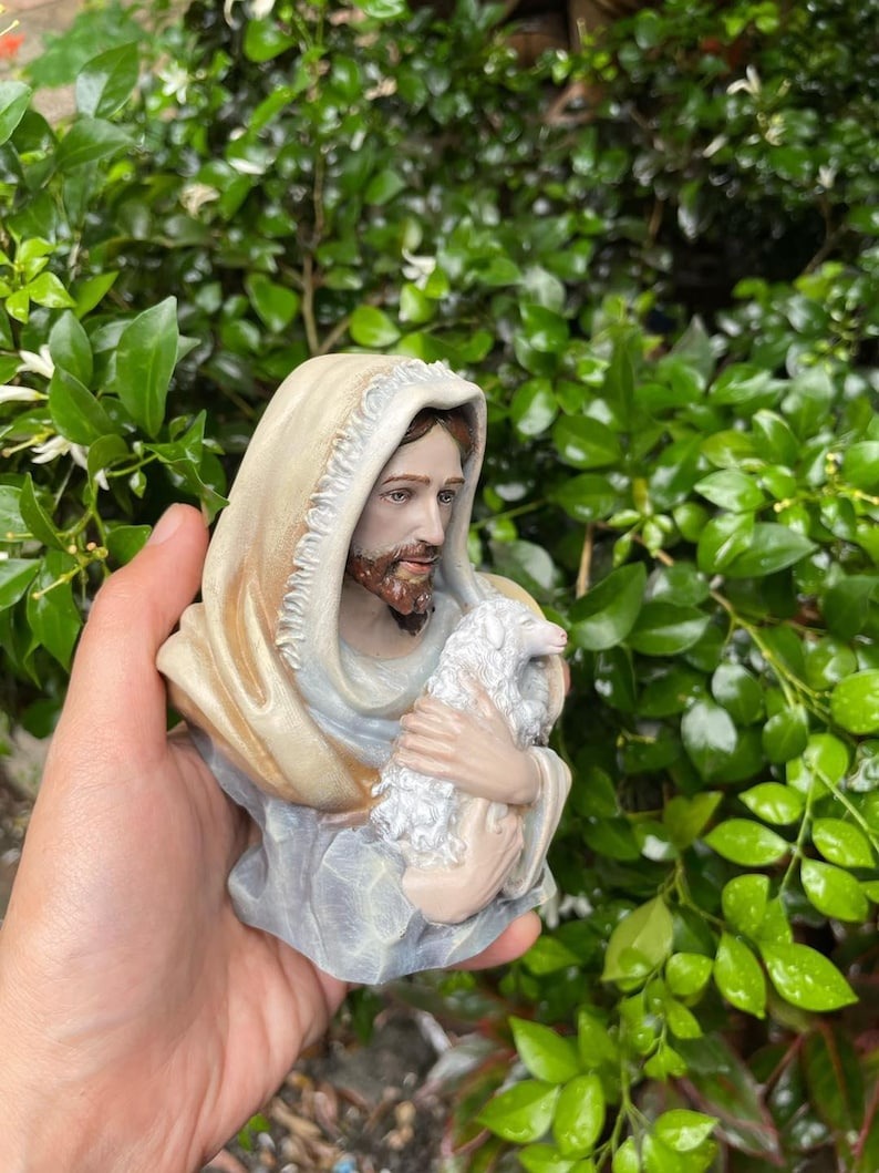 Hand Painted Jesus Good Shepherd Statue, Pastel Religious Figurine, Catholic Spiritual Gift, Car Dashboard Decor, Christian Home Altar